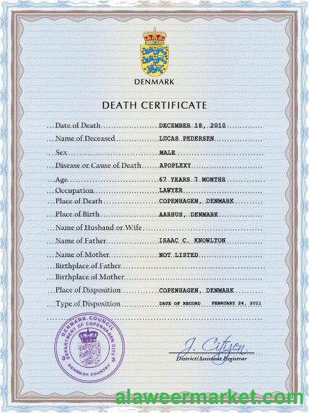 Denmark vital record death certificate PSD template